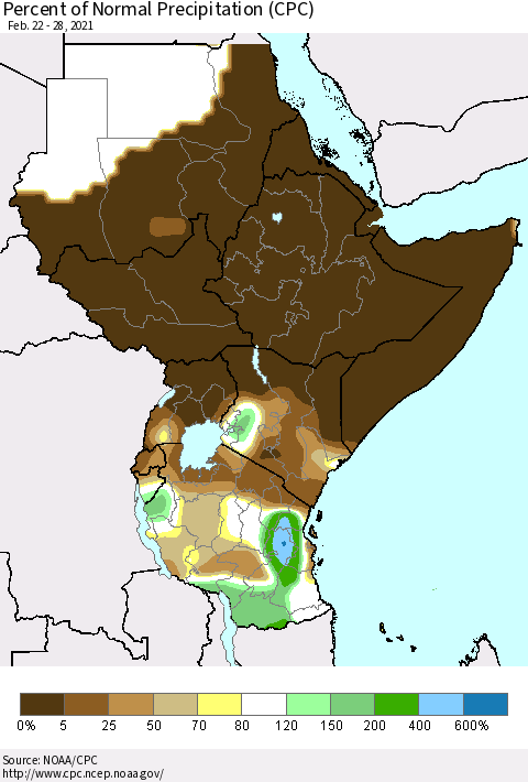 Eastern Africa Percent of Normal Precipitation (CPC) Thematic Map For 2/22/2021 - 2/28/2021