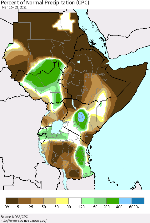 Eastern Africa Percent of Normal Precipitation (CPC) Thematic Map For 3/15/2021 - 3/21/2021