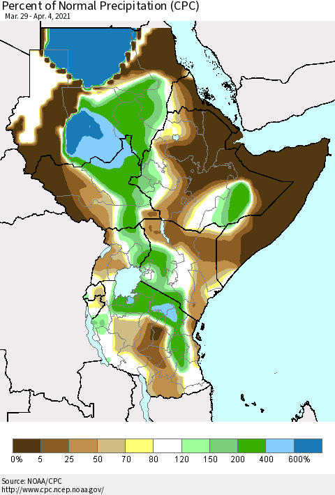 Eastern Africa Percent of Normal Precipitation (CPC) Thematic Map For 3/29/2021 - 4/4/2021