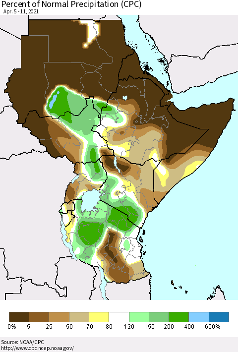 Eastern Africa Percent of Normal Precipitation (CPC) Thematic Map For 4/5/2021 - 4/11/2021