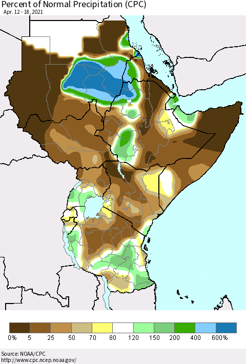Eastern Africa Percent of Normal Precipitation (CPC) Thematic Map For 4/12/2021 - 4/18/2021