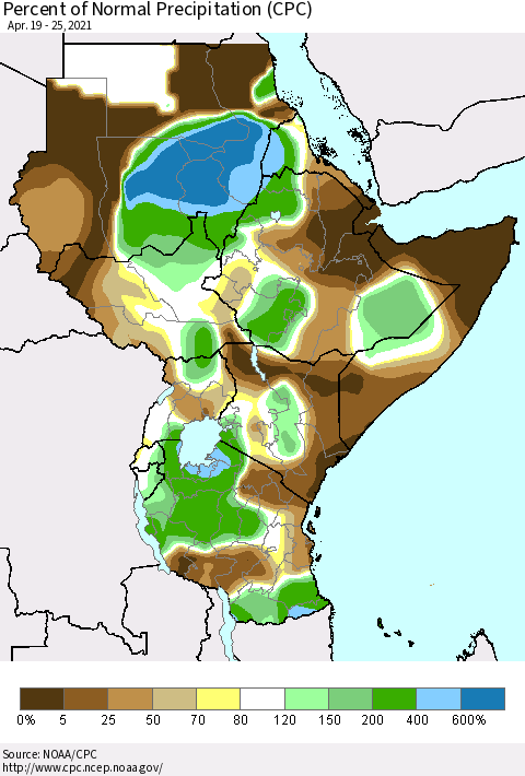 Eastern Africa Percent of Normal Precipitation (CPC) Thematic Map For 4/19/2021 - 4/25/2021
