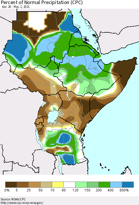Eastern Africa Percent of Normal Precipitation (CPC) Thematic Map For 4/26/2021 - 5/2/2021