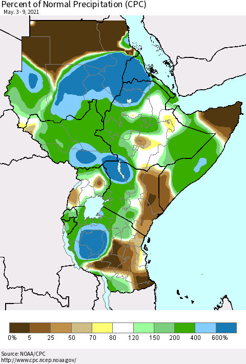 Eastern Africa Percent of Normal Precipitation (CPC) Thematic Map For 5/3/2021 - 5/9/2021