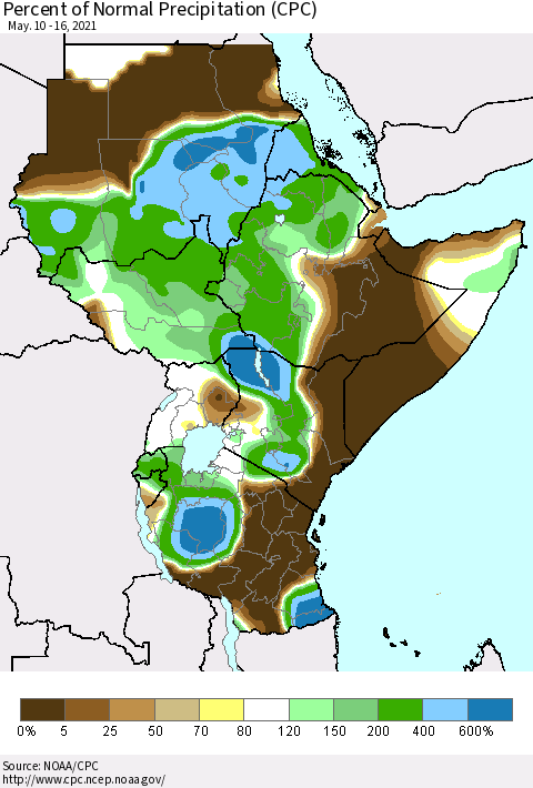 Eastern Africa Percent of Normal Precipitation (CPC) Thematic Map For 5/10/2021 - 5/16/2021