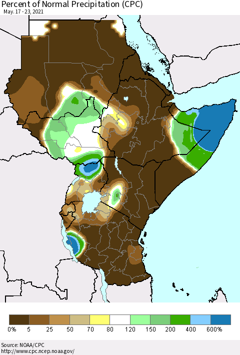 Eastern Africa Percent of Normal Precipitation (CPC) Thematic Map For 5/17/2021 - 5/23/2021
