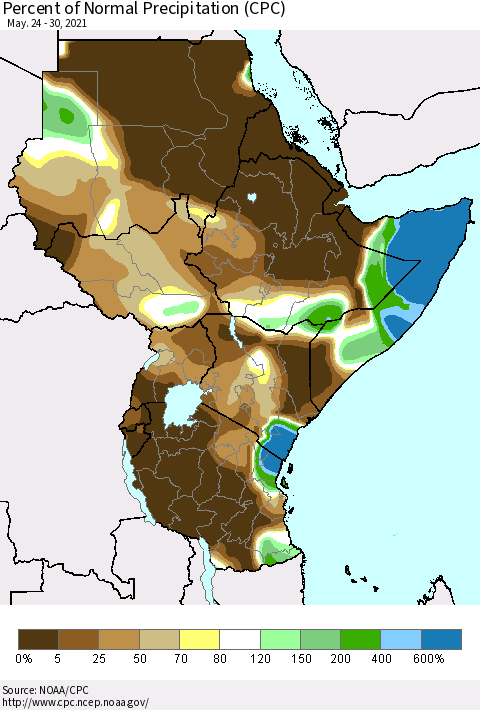 Eastern Africa Percent of Normal Precipitation (CPC) Thematic Map For 5/24/2021 - 5/30/2021