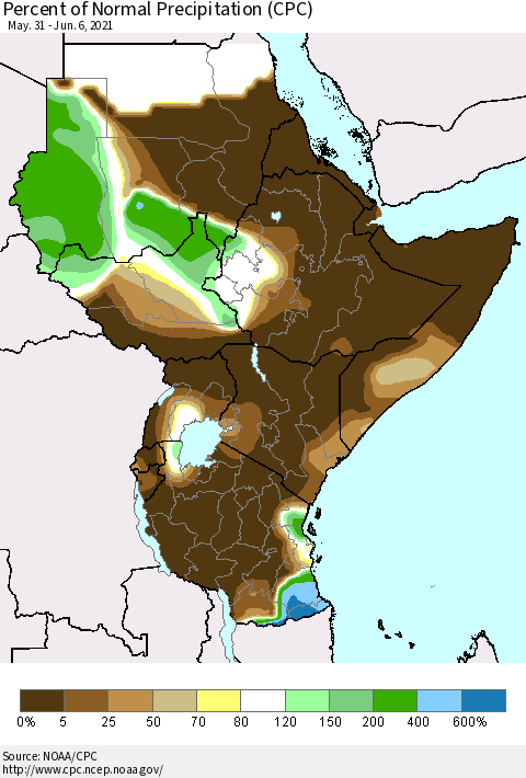 Eastern Africa Percent of Normal Precipitation (CPC) Thematic Map For 5/31/2021 - 6/6/2021