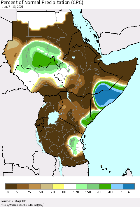Eastern Africa Percent of Normal Precipitation (CPC) Thematic Map For 6/7/2021 - 6/13/2021
