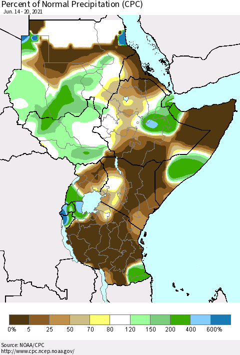 Eastern Africa Percent of Normal Precipitation (CPC) Thematic Map For 6/14/2021 - 6/20/2021
