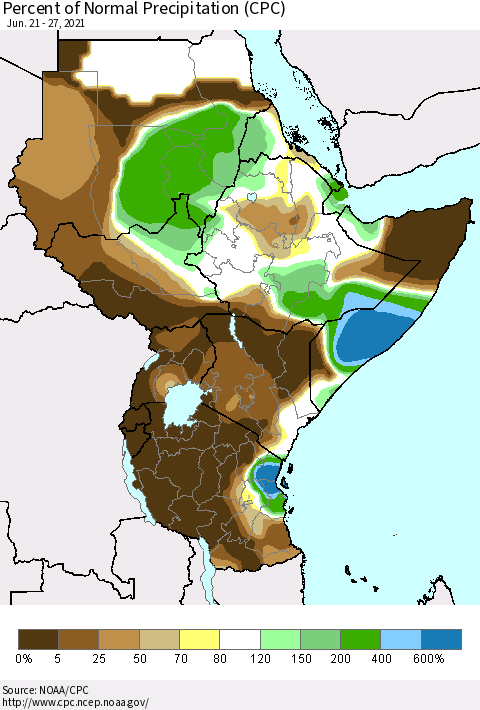 Eastern Africa Percent of Normal Precipitation (CPC) Thematic Map For 6/21/2021 - 6/27/2021