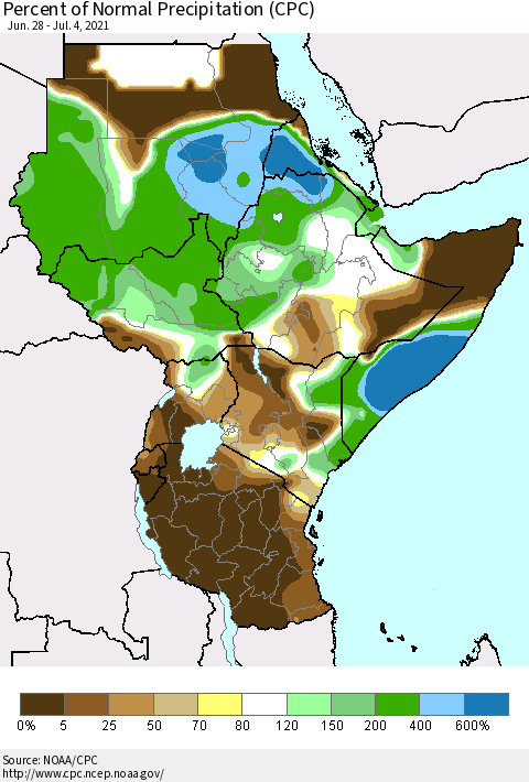 Eastern Africa Percent of Normal Precipitation (CPC) Thematic Map For 6/28/2021 - 7/4/2021