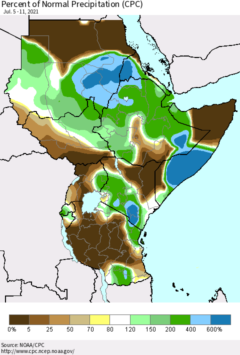 Eastern Africa Percent of Normal Precipitation (CPC) Thematic Map For 7/5/2021 - 7/11/2021