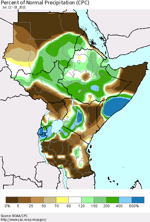 Eastern Africa Percent of Normal Precipitation (CPC) Thematic Map For 7/12/2021 - 7/18/2021