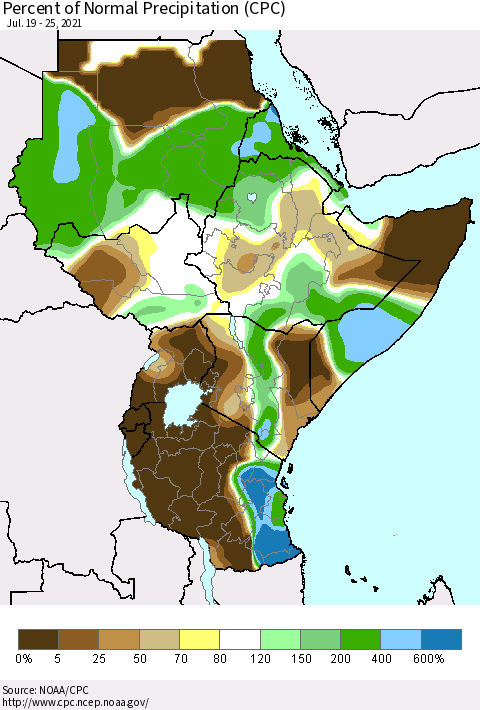 Eastern Africa Percent of Normal Precipitation (CPC) Thematic Map For 7/19/2021 - 7/25/2021
