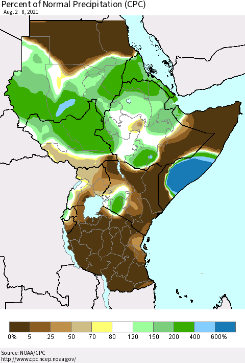 Eastern Africa Percent of Normal Precipitation (CPC) Thematic Map For 8/2/2021 - 8/8/2021