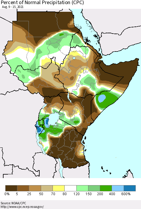 Eastern Africa Percent of Normal Precipitation (CPC) Thematic Map For 8/9/2021 - 8/15/2021