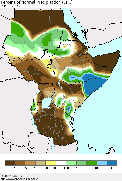 Eastern Africa Percent of Normal Precipitation (CPC) Thematic Map For 8/16/2021 - 8/22/2021