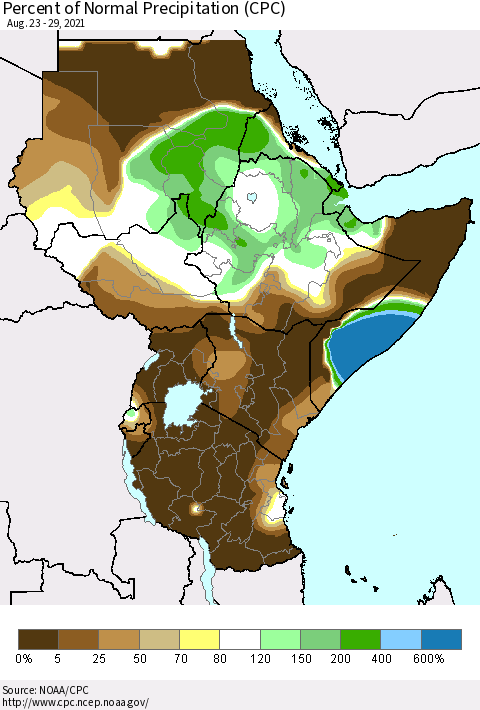 Eastern Africa Percent of Normal Precipitation (CPC) Thematic Map For 8/23/2021 - 8/29/2021