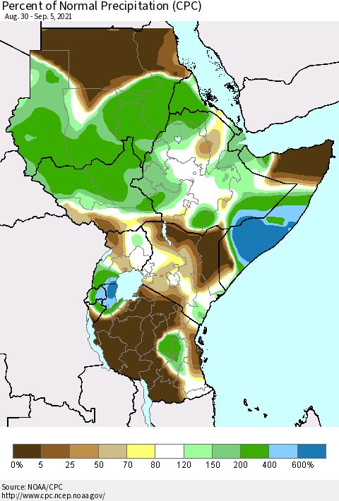 Eastern Africa Percent of Normal Precipitation (CPC) Thematic Map For 8/30/2021 - 9/5/2021