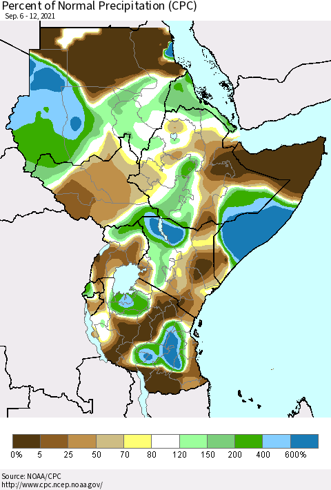 Eastern Africa Percent of Normal Precipitation (CPC) Thematic Map For 9/6/2021 - 9/12/2021