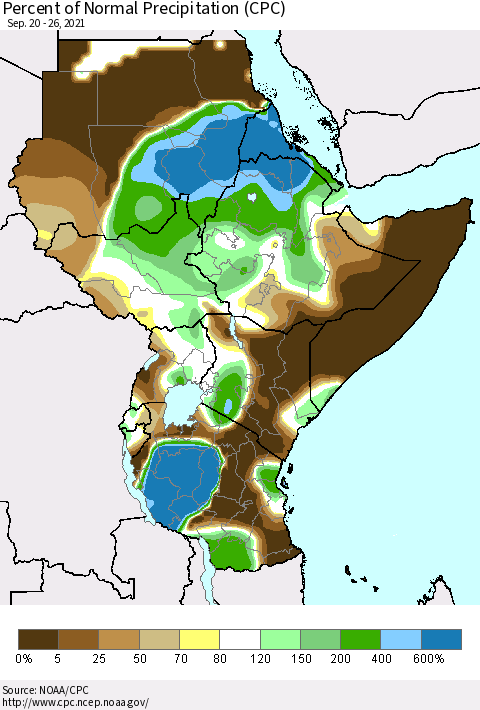 Eastern Africa Percent of Normal Precipitation (CPC) Thematic Map For 9/20/2021 - 9/26/2021