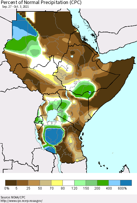 Eastern Africa Percent of Normal Precipitation (CPC) Thematic Map For 9/27/2021 - 10/3/2021