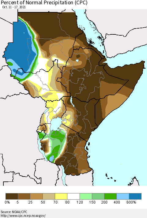 Eastern Africa Percent of Normal Precipitation (CPC) Thematic Map For 10/11/2021 - 10/17/2021