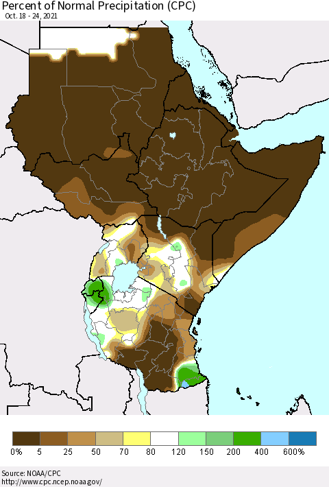 Eastern Africa Percent of Normal Precipitation (CPC) Thematic Map For 10/18/2021 - 10/24/2021