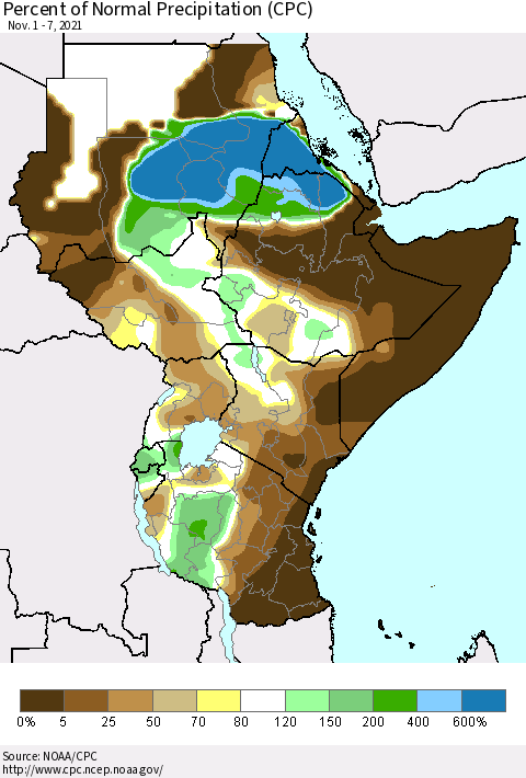 Eastern Africa Percent of Normal Precipitation (CPC) Thematic Map For 11/1/2021 - 11/7/2021
