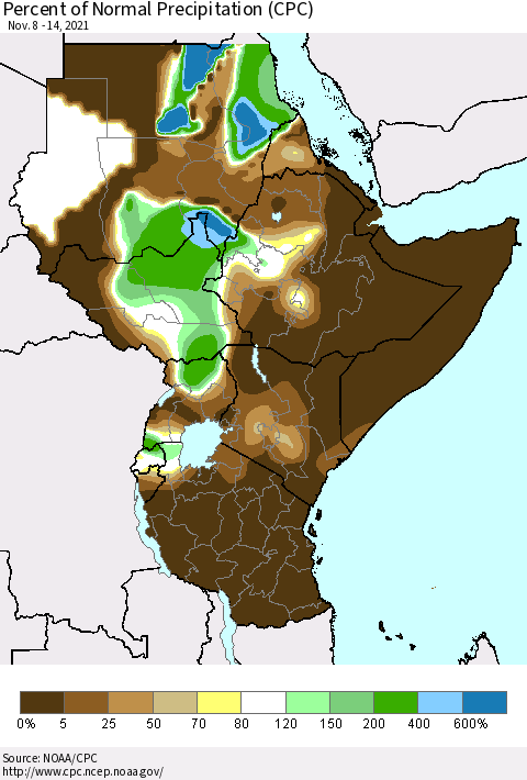 Eastern Africa Percent of Normal Precipitation (CPC) Thematic Map For 11/8/2021 - 11/14/2021