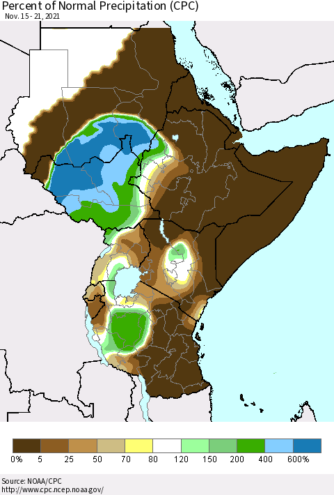 Eastern Africa Percent of Normal Precipitation (CPC) Thematic Map For 11/15/2021 - 11/21/2021