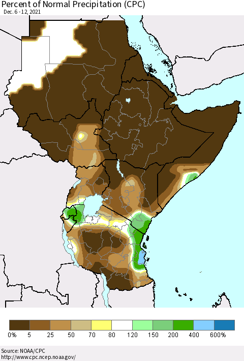Eastern Africa Percent of Normal Precipitation (CPC) Thematic Map For 12/6/2021 - 12/12/2021