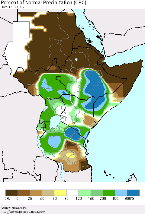 Eastern Africa Percent of Normal Precipitation (CPC) Thematic Map For 12/13/2021 - 12/19/2021