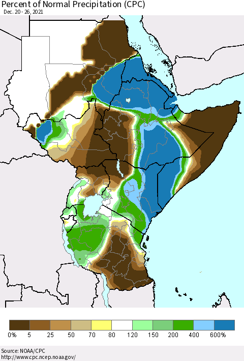 Eastern Africa Percent of Normal Precipitation (CPC) Thematic Map For 12/20/2021 - 12/26/2021