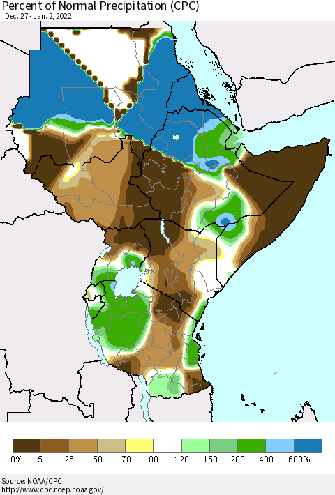 Eastern Africa Percent of Normal Precipitation (CPC) Thematic Map For 12/27/2021 - 1/2/2022