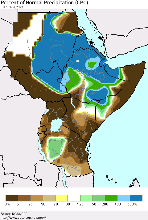 Eastern Africa Percent of Normal Precipitation (CPC) Thematic Map For 1/3/2022 - 1/9/2022