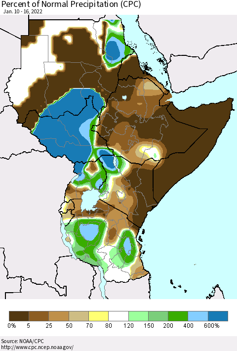 Eastern Africa Percent of Normal Precipitation (CPC) Thematic Map For 1/10/2022 - 1/16/2022