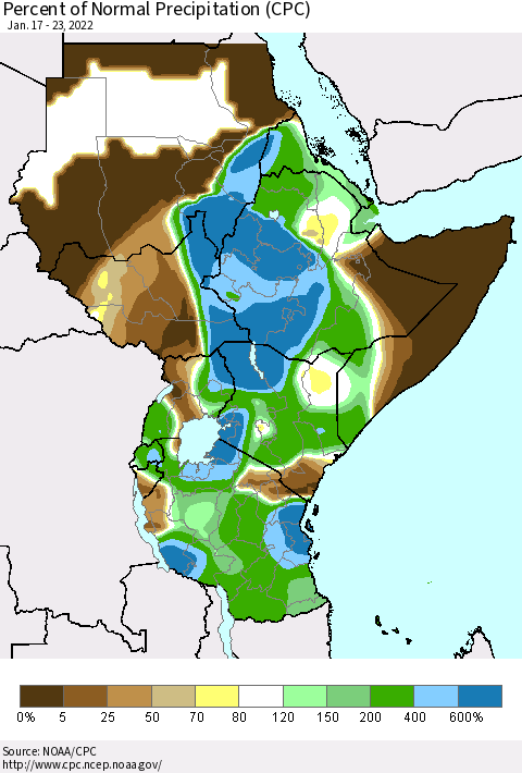Eastern Africa Percent of Normal Precipitation (CPC) Thematic Map For 1/17/2022 - 1/23/2022