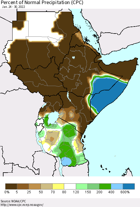 Eastern Africa Percent of Normal Precipitation (CPC) Thematic Map For 1/24/2022 - 1/30/2022