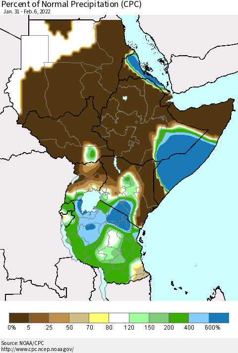 Eastern Africa Percent of Normal Precipitation (CPC) Thematic Map For 1/31/2022 - 2/6/2022