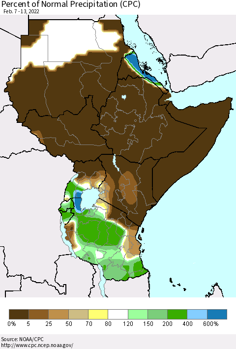 Eastern Africa Percent of Normal Precipitation (CPC) Thematic Map For 2/7/2022 - 2/13/2022