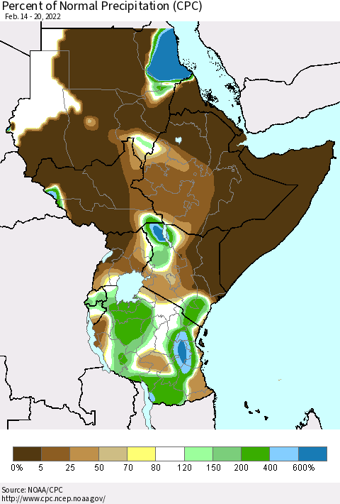 Eastern Africa Percent of Normal Precipitation (CPC) Thematic Map For 2/14/2022 - 2/20/2022