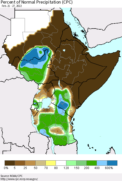 Eastern Africa Percent of Normal Precipitation (CPC) Thematic Map For 2/21/2022 - 2/27/2022