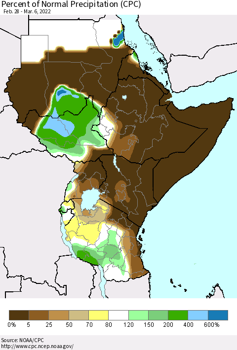 Eastern Africa Percent of Normal Precipitation (CPC) Thematic Map For 2/28/2022 - 3/6/2022