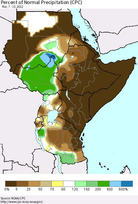 Eastern Africa Percent of Normal Precipitation (CPC) Thematic Map For 3/7/2022 - 3/13/2022