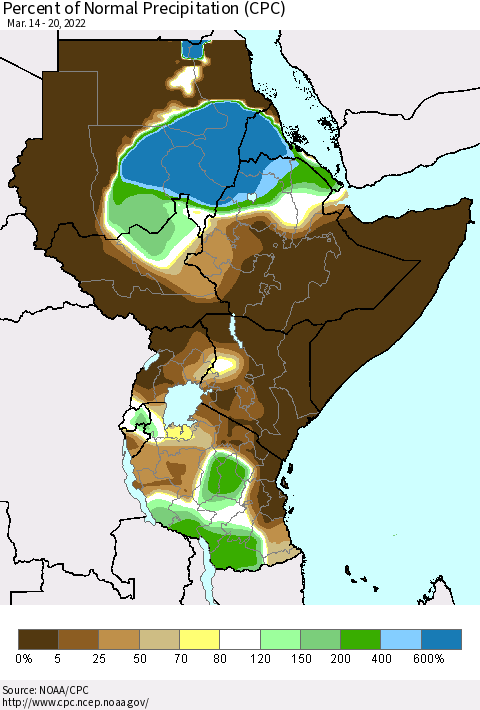 Eastern Africa Percent of Normal Precipitation (CPC) Thematic Map For 3/14/2022 - 3/20/2022