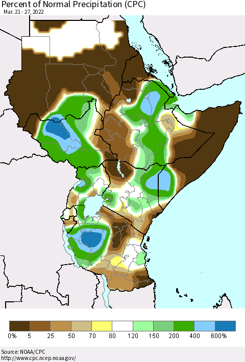Eastern Africa Percent of Normal Precipitation (CPC) Thematic Map For 3/21/2022 - 3/27/2022