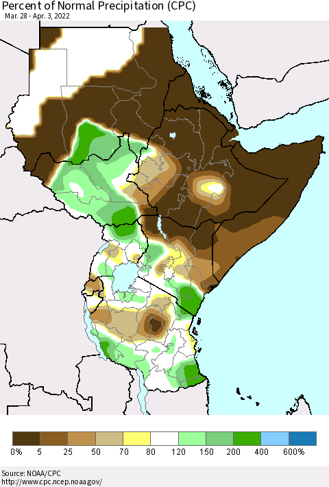 Eastern Africa Percent of Normal Precipitation (CPC) Thematic Map For 3/28/2022 - 4/3/2022