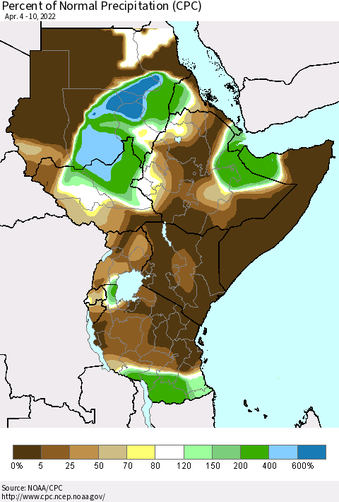 Eastern Africa Percent of Normal Precipitation (CPC) Thematic Map For 4/4/2022 - 4/10/2022